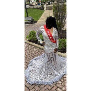 Prom dress Custom Made glitter sequence feathers silver